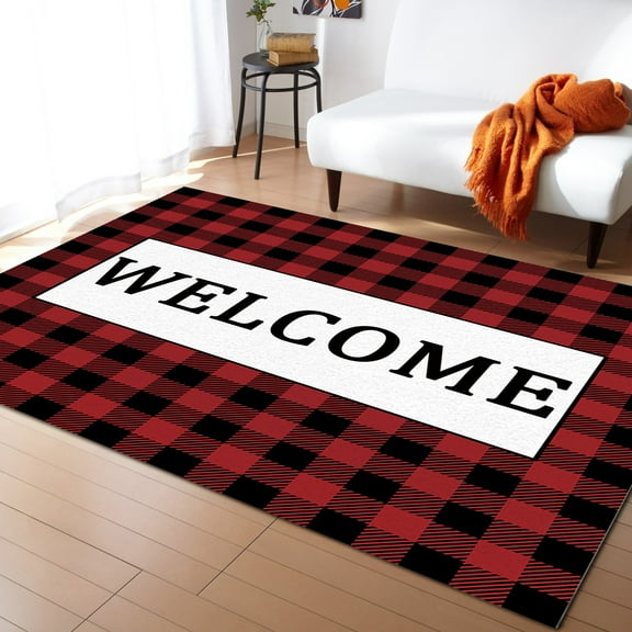 Area Rugs Indoor Non-Slip Rectangle Rug 5x8 Ft Welcome Red Black Buffalo Check Plaid Rug Rubber Backing Floor Mats Non Shedding Home Decor Carpet for Entryway Living Room