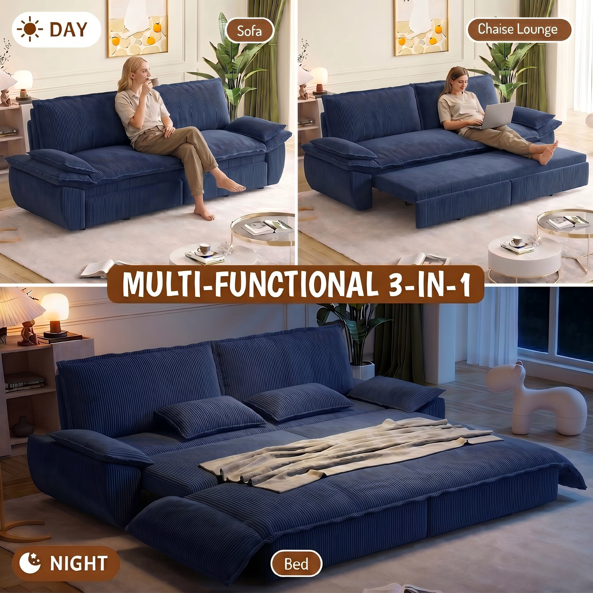 Multi-Functional Corduroy Convertible 3-in-1 Sofa Bed, Queen Size Loveseat Sleeper Couch, Light Blue