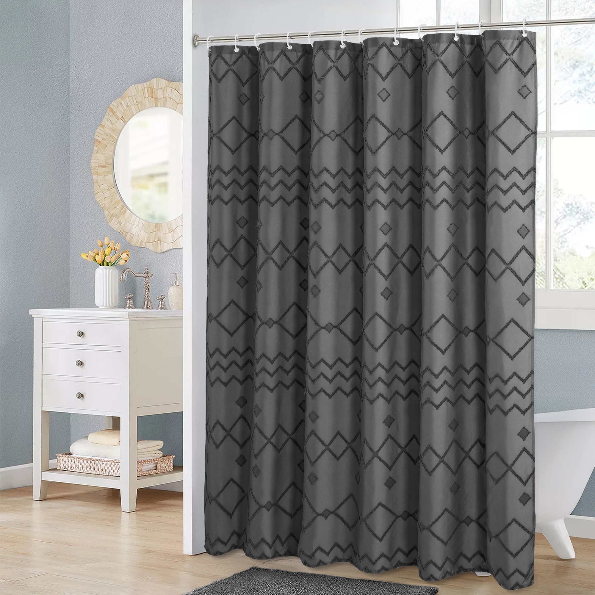 Seasonwood Gray Shower Curtain with Hooks,Extra Long Heavy-Duty Weighted-Hem Fabric Bathroom Curtain,Water-Repellent, Machine-Washable,72"x96"