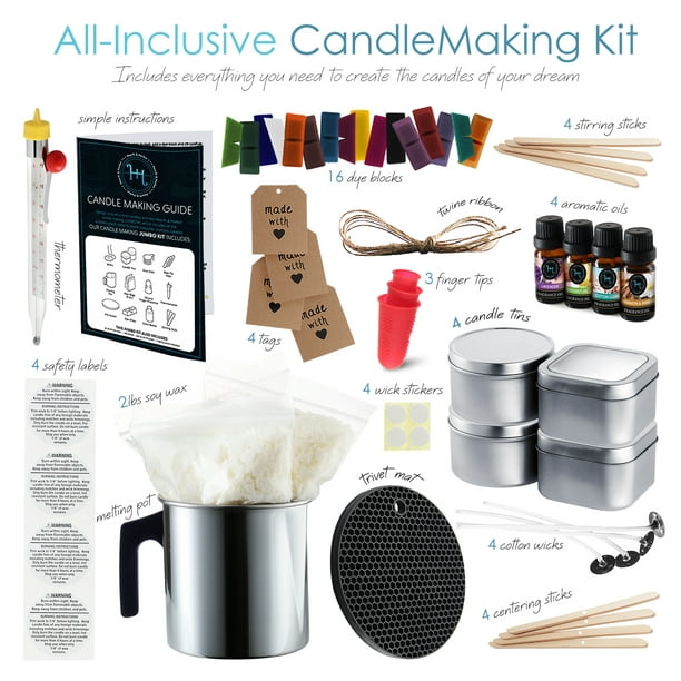 Kit complet de fabrication de bougies à faire soi-même pour adultes et  enfants – 16 colorants de couleur, parfums, cire de soja, pot de fusion,  thermomètre, boîtes, mèches de coton, protège-doigts, dispositifs