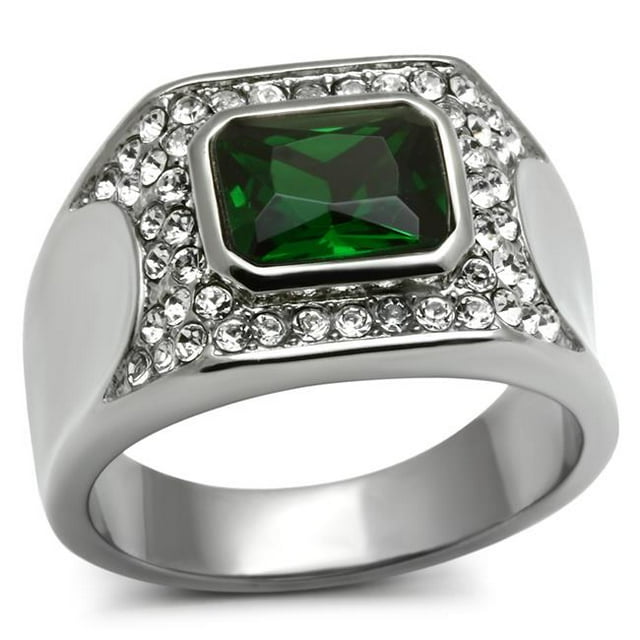 Alamode TK590-9 Men High Polished Stainless Steel Ring with Synthetic in Emerald - Size 9