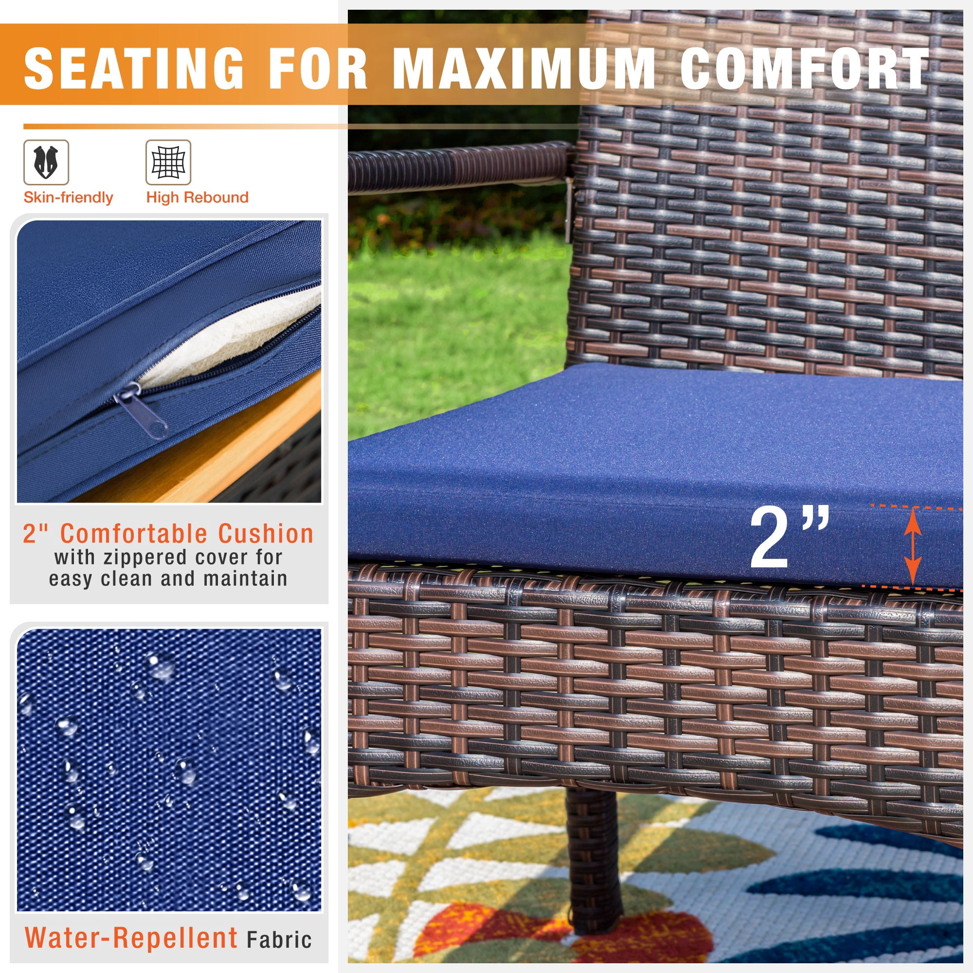 Alpha Joy 8 Pieces Outdoor Patio Dining Set with Cushioned Rattan Chairs, Metal Table & 13 ft Navy Umbrella for 6