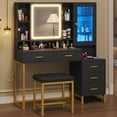 thumbnail image 3 of Afuhokles Vanity Set with Stool and Charging Station, Vanity Desk with Lighted Mirror, Jewelry Storage, 5 Drawers, Black, 3 of 9