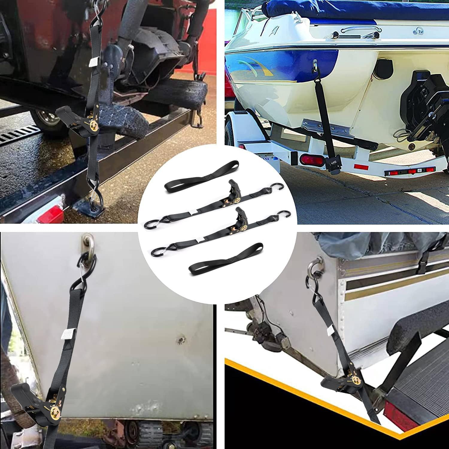 Boat Trailer Transom Ratchet Tie Down Straps 2400 LBS, 1'' X 4'with Latching Hooks and Soft Loop, Safety Nylon Straps with Ratchet Buckle to Secure Transport Boat, Pontoon,Jet Ski, PWC,Kayak