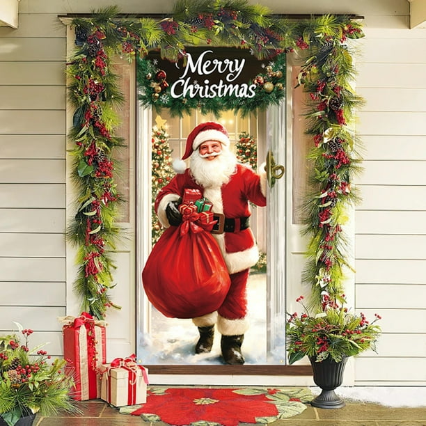 Cortina de poliéster, decoraciones navideñas, cubierta de puerta navideña, pancartas, Papá Noel, decoración exterior, tela colgante, cubiertas de puerta navideñas, decoraciones de Halloween, decoració