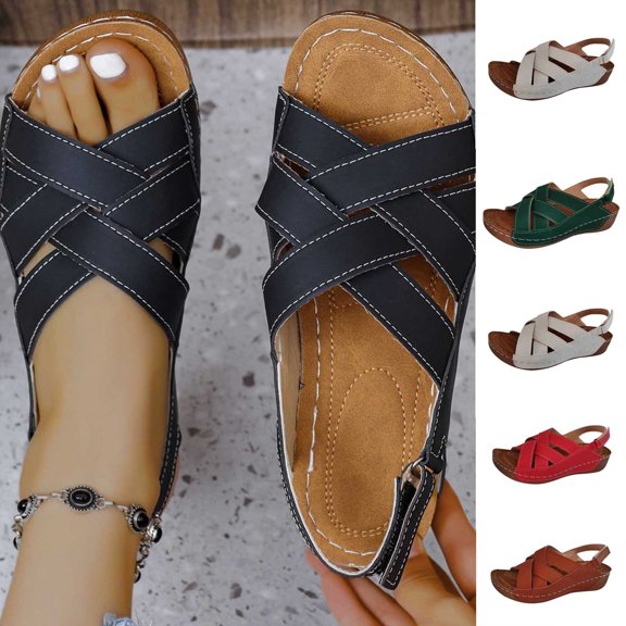 Xfvqtps Wedges for Women Platform Slingback Adjustable Buckle Crisscross Straps Open Toe Arch Support Non Slip Summer Leather Casual Walking Sandals Beige