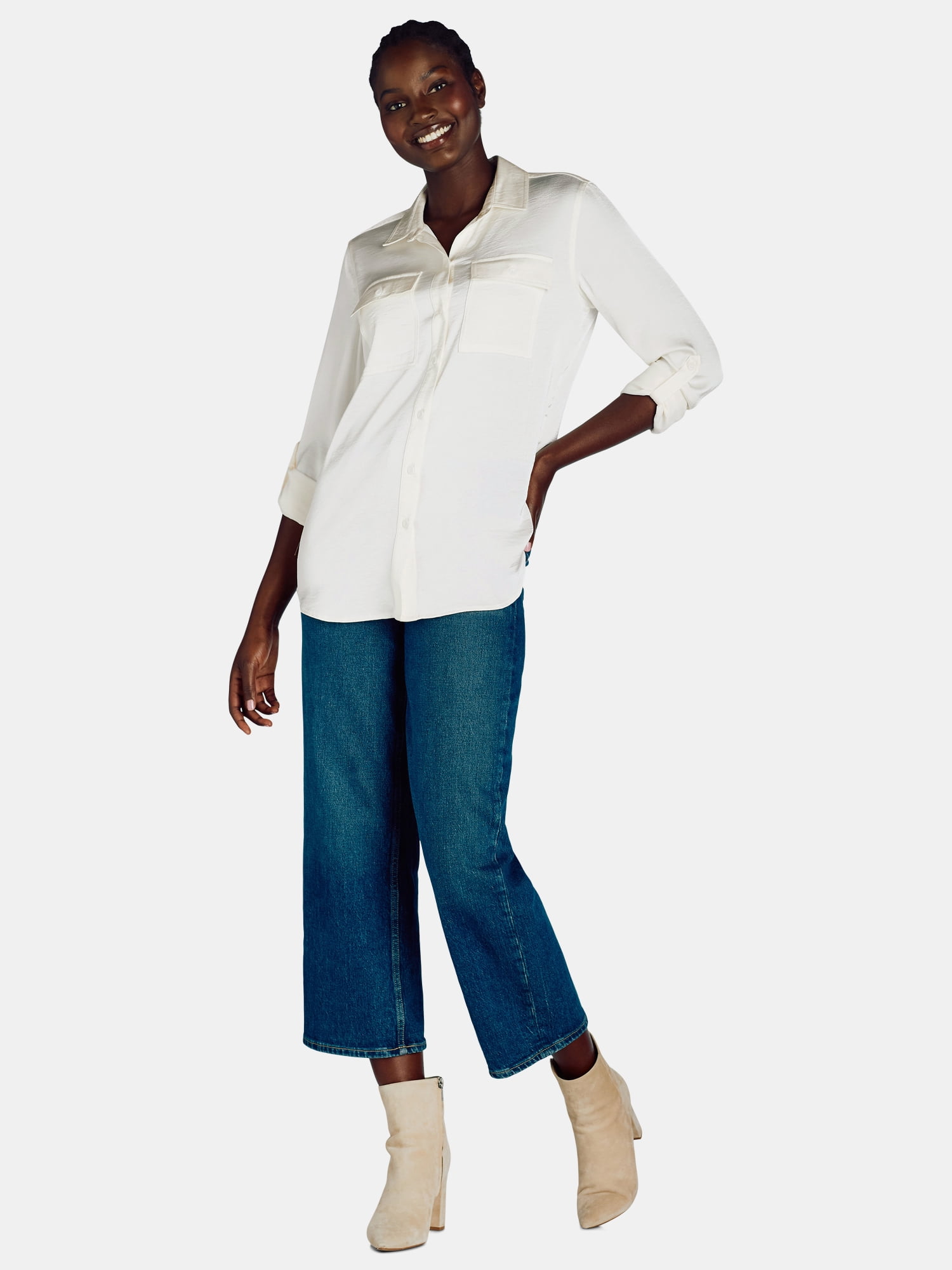 Time and Tru Women's Utility Shirt with Long Sleeves, Sizes XS-XXXL