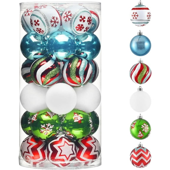 Christmas Ornaments Tree Decorations, 30ct Red Green White Shatterproof Christmas Ball Ornaments Set, 2 Inch Decorative Hanging Ornament Bulk for Xmas Holiday Party Decor