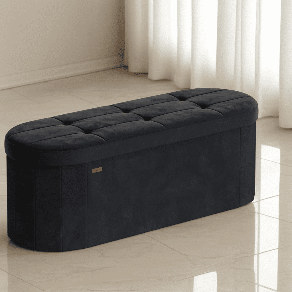LEDREM 43" Foldable Storage Ottoman Bench, Velvet Fabric Ottoman with 2 Internal Dividers, Footrest for Bedroom Living Room, Ink Black