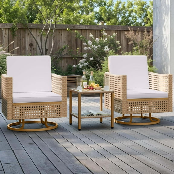 Uforic Patio Swivel Chairs, Outdoor Wicker Swivel Glider Rocking Chairs with Side Table and Thick Cushions for Porch Deck - Set of 3, Beige