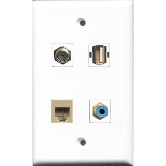 RiteAV 1 Port RCA Blue and 1 Port Coax Cable TV- F-Type and 1 Port USB A-A and 1 Port Phone RJ11 RJ12 Beige Wall Plate