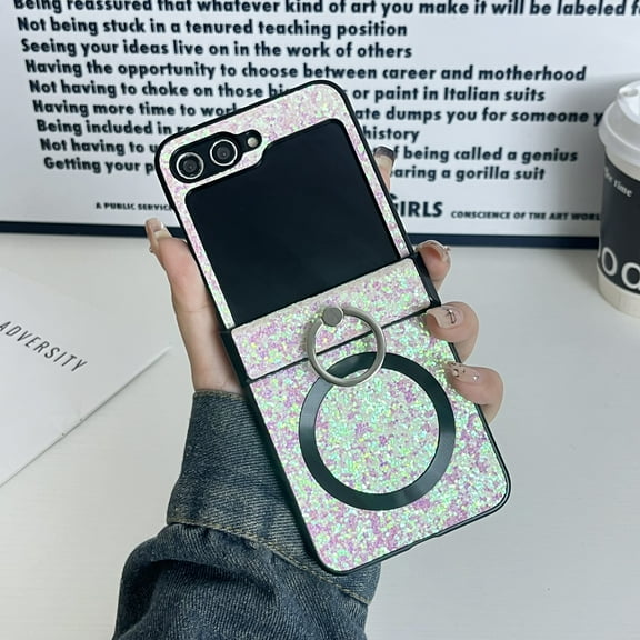 for Samsung Galaxy Z Flip 7 Glitter Ring Kickstand Case, Cute Luxury Bling Sparkly with Magsafe Soft TPU Bumper Women Girls Protective Wireless Charging Case for Samsung Galaxy Z Flip 7, Pink