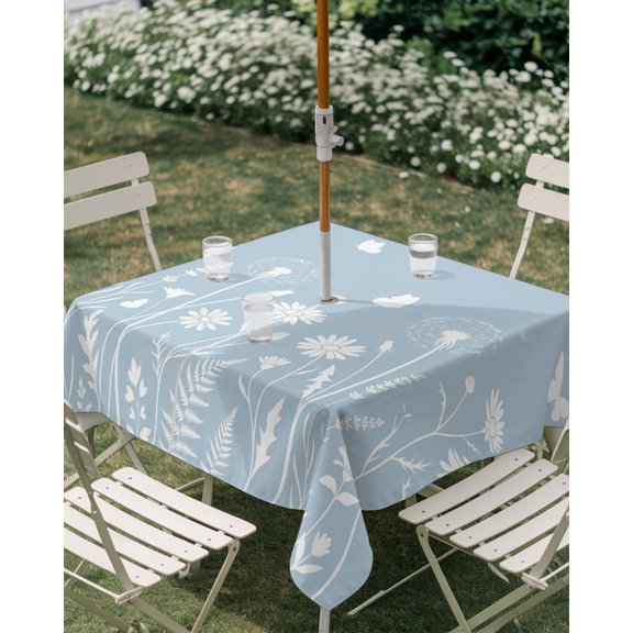 Outdoor Tablecloth with Umbrella Hole, Pastoral Floral Minimalist Blue Zippered Table Cloth for Rectangle Tables, Blossom Flower Fern Washable Waterproof Tablecloths for Picnic Patio Garden