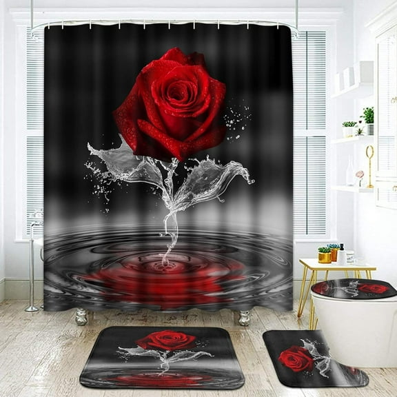 Grey Bathroom Sets with Shower Curtain and Rugs and Accessories, Black Red Rose Shower Curtain Sets, Farmhouse Shower Curtains for Bathroom,Farmhouse Bathroom Decor 4 Pcs