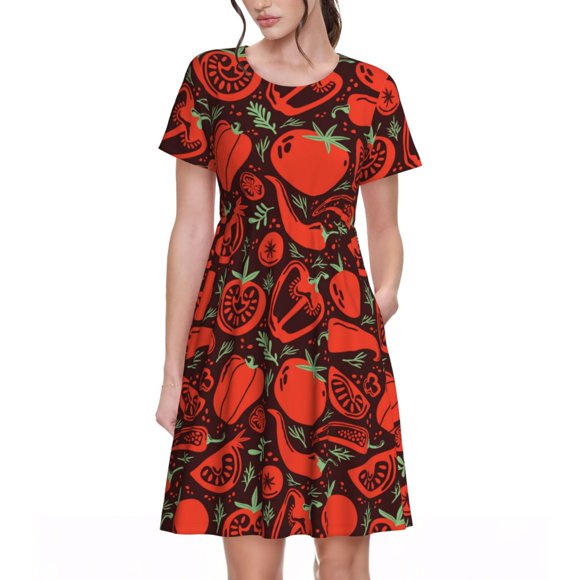 Bixox Women's Short Sleeve Summer Dress Loose Swing Knee Length Dresses with Pockets-Tomatoes And Chili