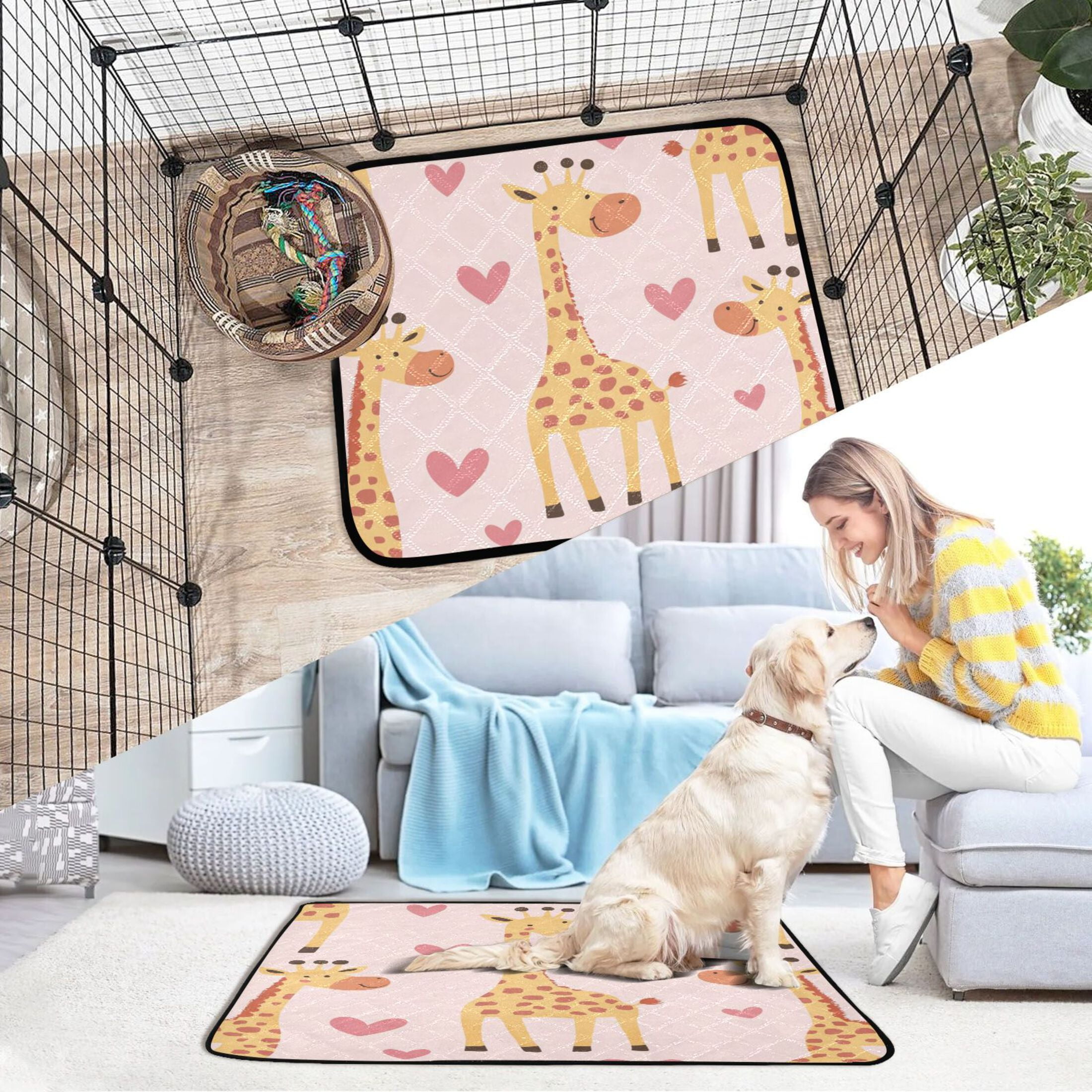 Qxltty Adorable Cartoon Giraffes Heart Pattern Cat litter Pads Pet Set of 2 Diaper Mats Center Anti-leakage Layer Absorbent Soft and Comfortable