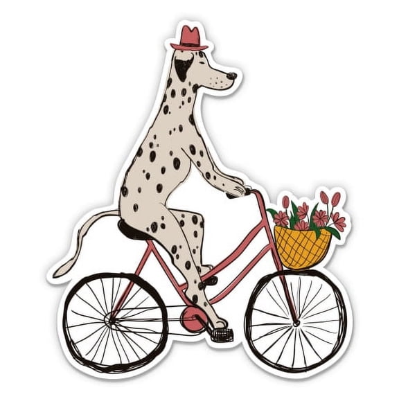 Dalmatian Cute Dog on a Bicycle Funny - 3" Vinyl Sticker - For Car Laptop I-Pad Phone Helmet Hard Hat - Waterproof Decal