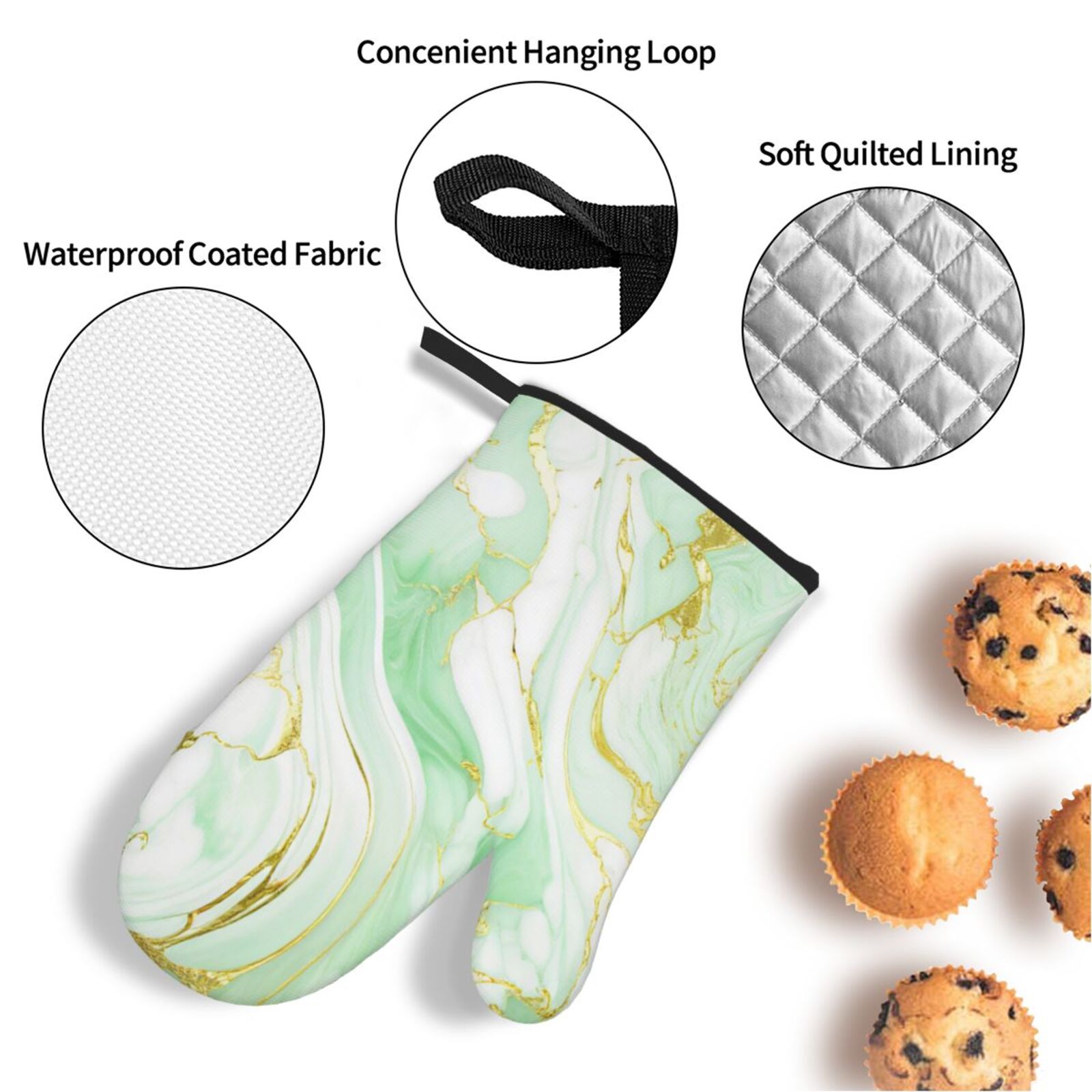 Naloa Green And Gold Abstract Marble Oven Mitts and Pot Holders 4 pcs Set, Cooking Baking Grilling Kitchen Oven Glove for Cooking