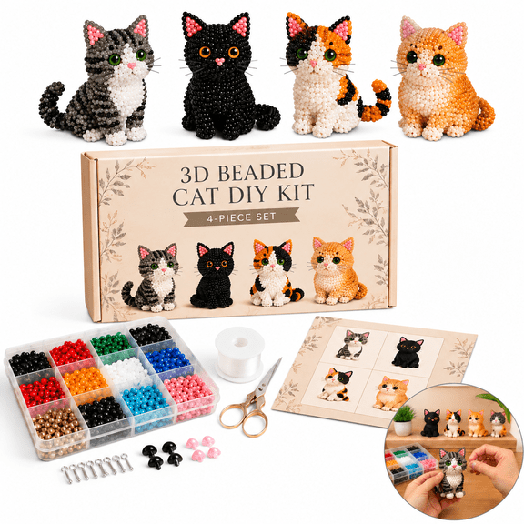 3D Beaded Cat DIY Kit , 4-Piece Handmade Beaded Animals Craft Set for Adult Beginners, Complete Cat Beads Making Supplies with Instruction Guide