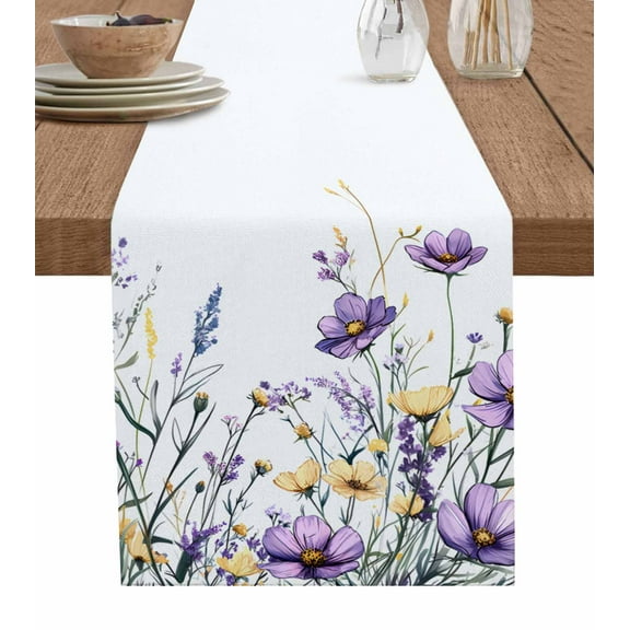 Table Runner Dresser Scarves 70 Inch Long,Spring Purple Yellow Flower Linen Dining Table Runners Watercolor Floral on White Tabletop Scarf for Wedding Holiday Party Kitchen