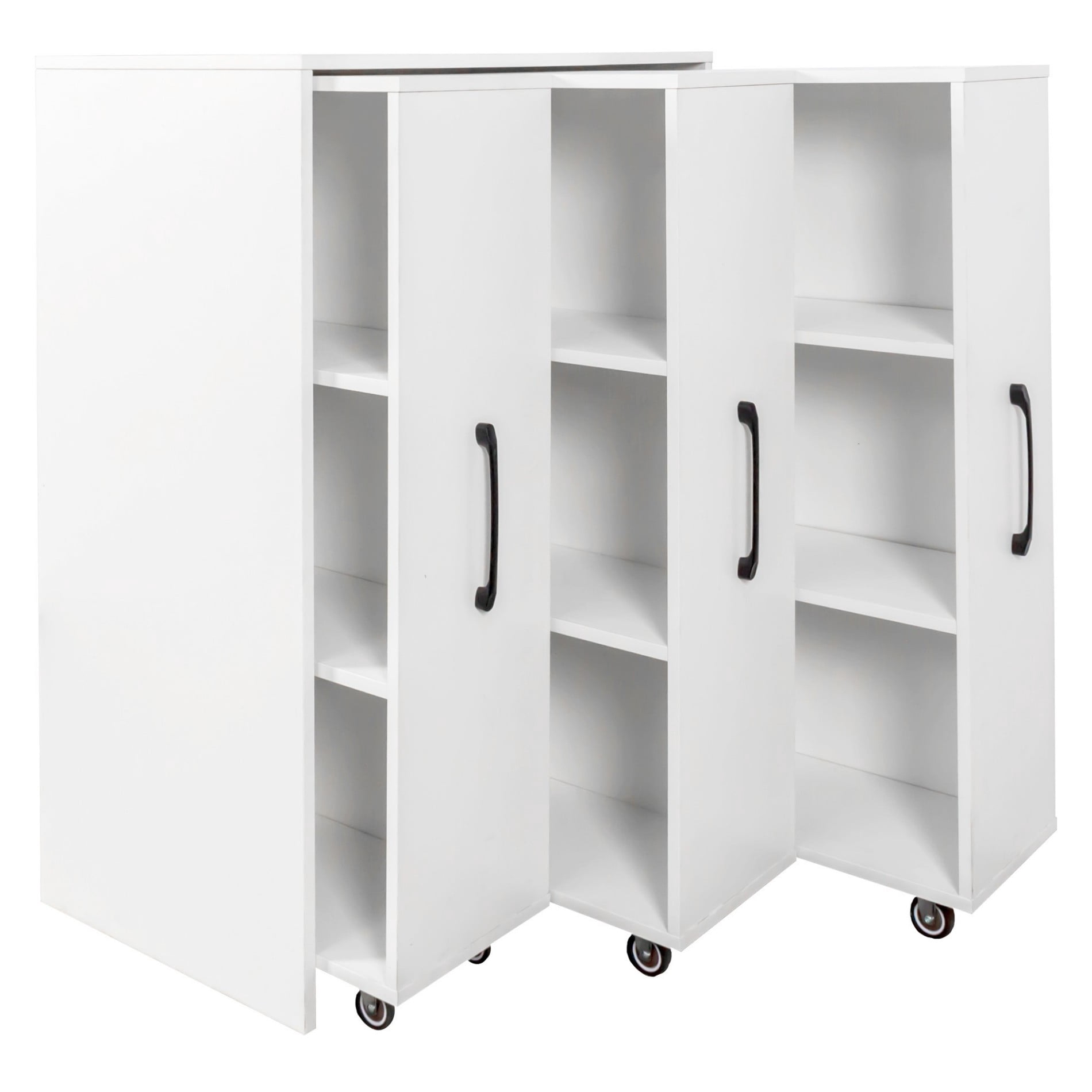 3 Tier Bookcase with Pull-Out Shelves, Sliding Storage Cabinet with 3 Hidden Doors, Floor Standing Wooden Bookshelf Organizer for Office, Bedroom, Living Room, Space Saving Cabinet, White