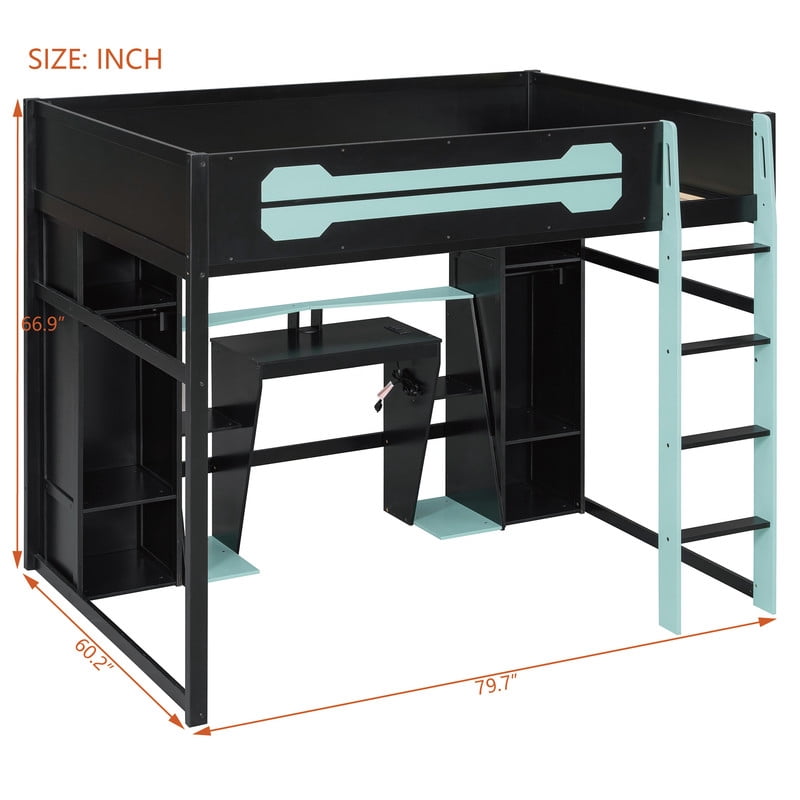 Full Size Wooden E-Sport Loft Bed with Desk, LED Lights & Charge Station, Storage Bed Frame with Built-in Wardrobe & Cabinets