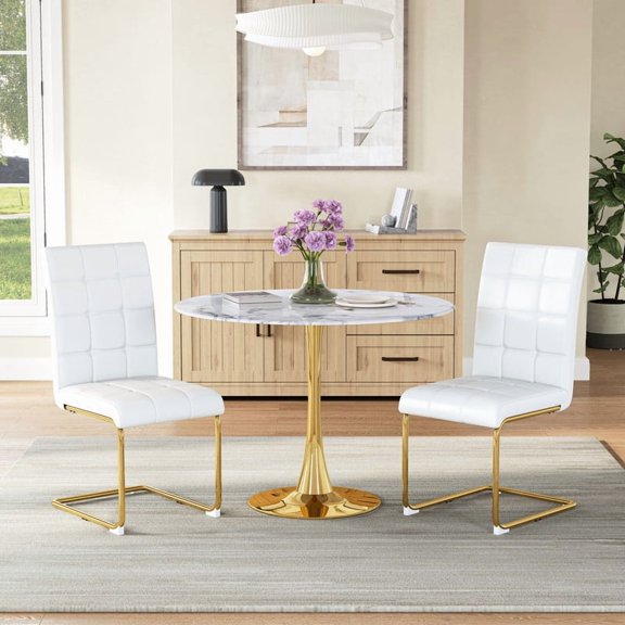 Modern Dining Table Set for 2, 31.5" Round Faux Marble Tempered Glass Table with 2 PU Leather Cantilever Chairs, Stainless Steel Frame for Kitchen Apartment