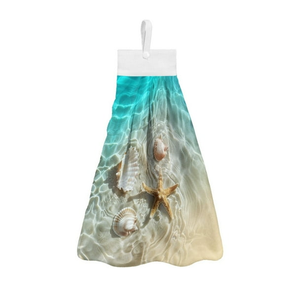ZIATUBLE Sea Starfish Hanging Hand Towel Shells Hanging Kitchen Dish Towel with Snap Button Bathroom Hand Bath Towel Reusable Dish Tie Towel Soft Kitchen Hand Towels and Washcloths
