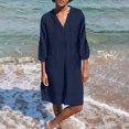 thumbnail image 2 of BLVB Womens V Neck Cotton Casual Loose Tunic Summer Fall Dresses Beach Sundress Vacation Dress 3/4 Sleeve Pocket, 2 of 6