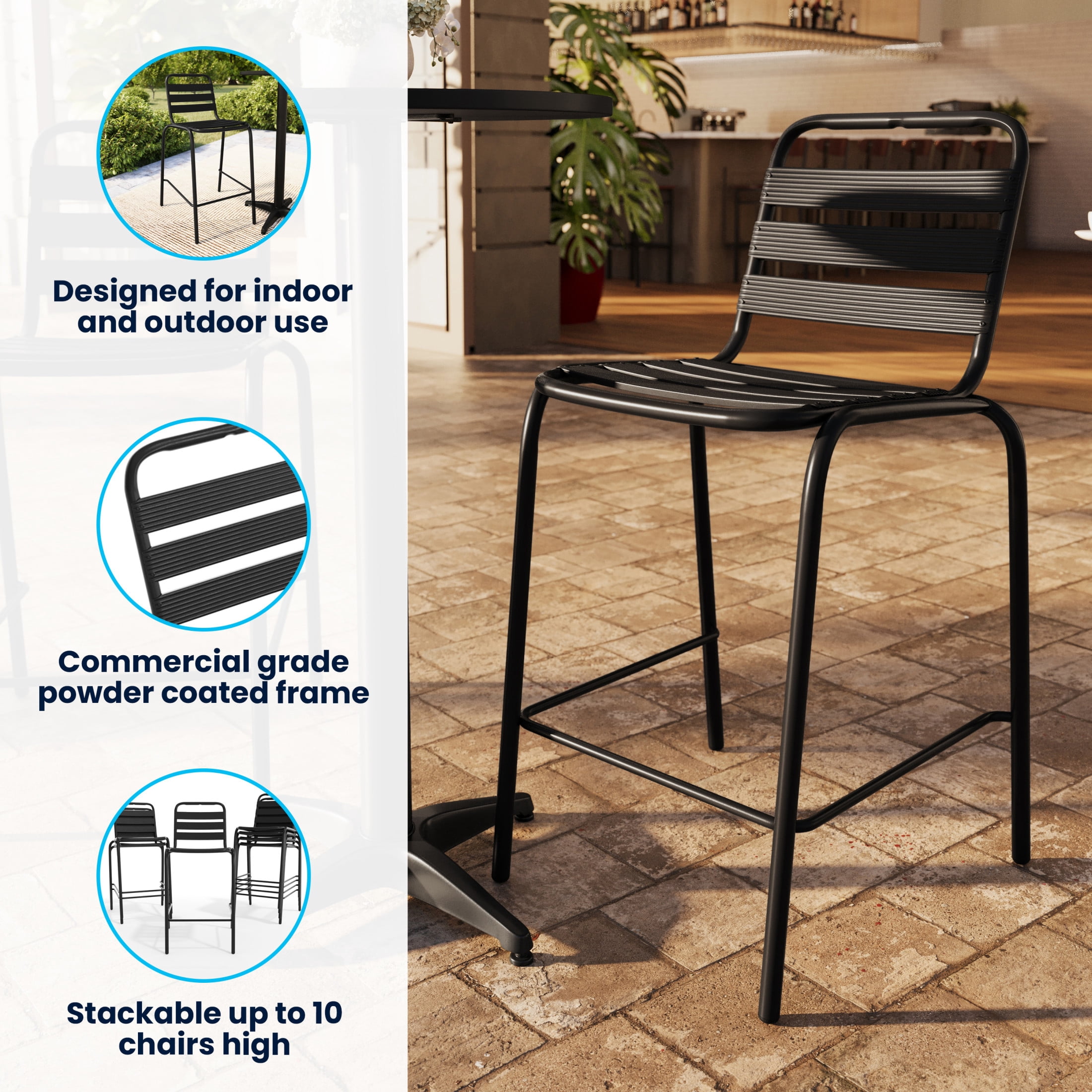 Emma + Oliver Black Metal Bar Height Stool with Triple Slatted Back for Indoor and Outdoor Use