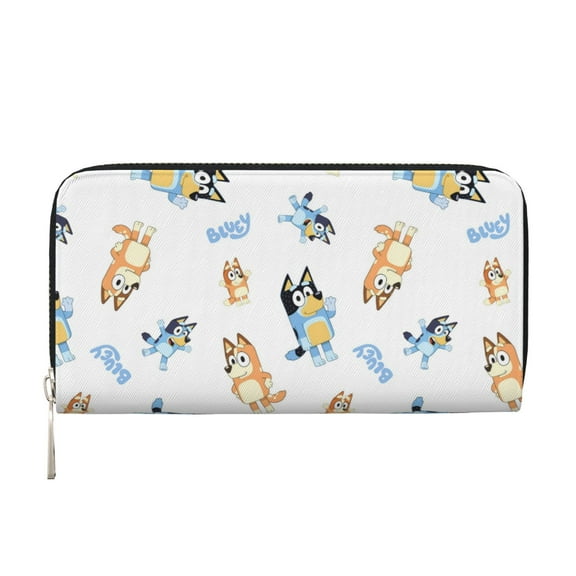 Kowoue Bluey Pattern Genuine Leather Long Wallet Card holder Wallet with Coin Pocket Wristlet Clutch Wallet Purse