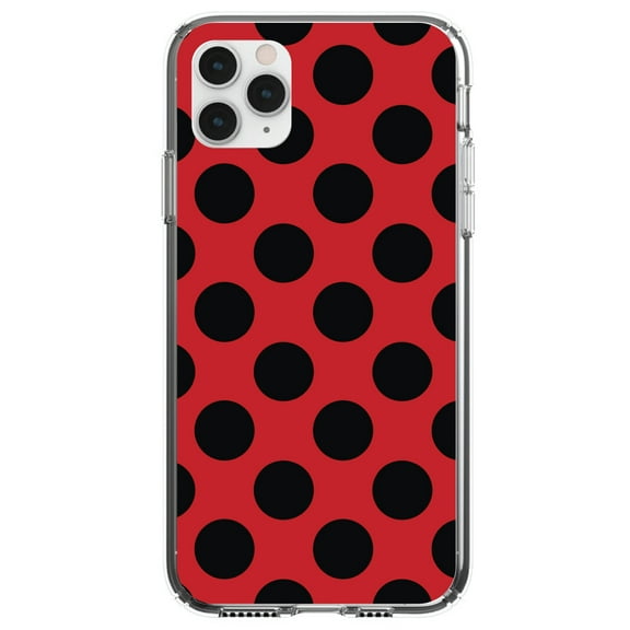 DistinctInk Clear Shockproof Hybrid Case for iPhone 12 MINI (5.4" Screen) - TPU Bumper, Acrylic Back, Tempered Glass Screen Protector - Black & Red Polka Dots