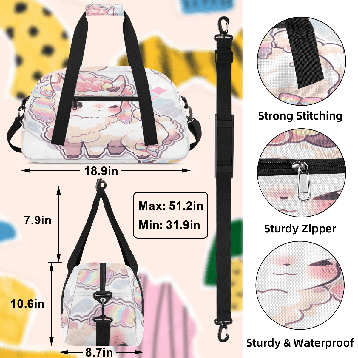 Herdesigns Cute Cartoon Sports Duffle Bag for Women & Men, Sheep Gym Bag Dance Bag Overnight Bag Carry On Weekender Travel Bag
