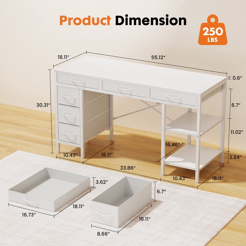 Gianna 55" Computer Desk with 6 Drawers, Home Office Gaming Desks with Storage Shelves for Bedroom, Writing Study Corner Living Room Work Table White