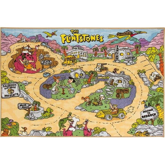 KC Cubs | Flintstones Bedrock Road Map Educational Learning & Game Area Rug Carpet for Kids and Children Bedrooms and Playroom