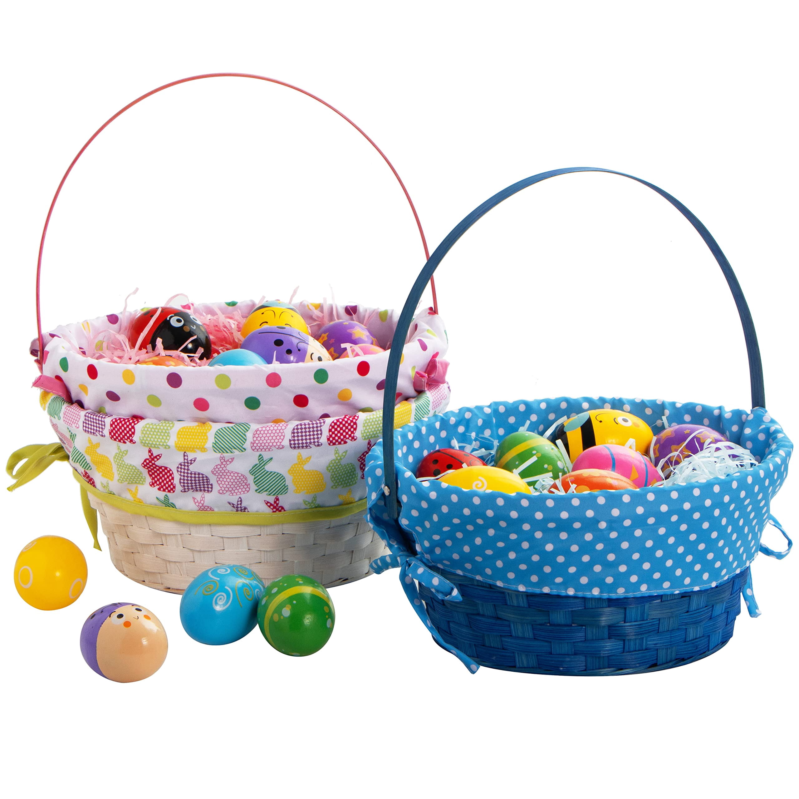 Joyfy 3 Pcs Easter Baskets,Easter Woven Basket with Polka Dots Lining,Handmade Woven Easter Basket with Handle for Easter Egg Hunt Picnic,Filling with Party Favors