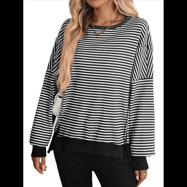 Sudadera Holgada de Otoño para Mujer, Informal, de Punto Gofre, Larga, Cuello Redondo, Abertura, Tipo Túnica. Negro L