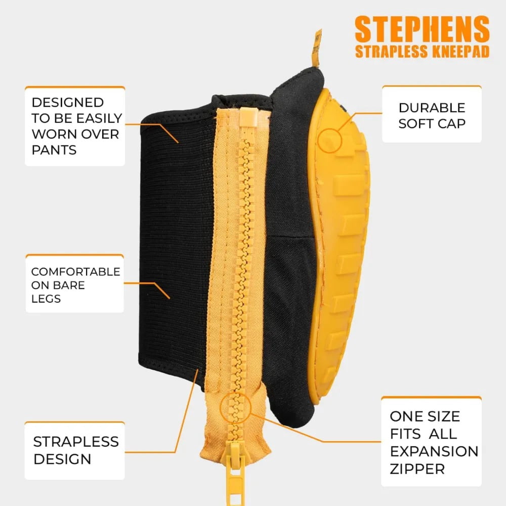 Stephens Strapless Kneepads for Construction - Heavy Duty Soft Cap Design for Work | Safety Work Gear | Flooring | Roofing | Gardening | Protective Equipment-Non-Slip Strapless-Caution Yellow