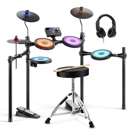 Donner Electric Drum Set with LED Light Up, 150 Sounds, 15 Drum Kits, Type-C Charging, with Throne, Headphones, Sticks, Melodics Lessons