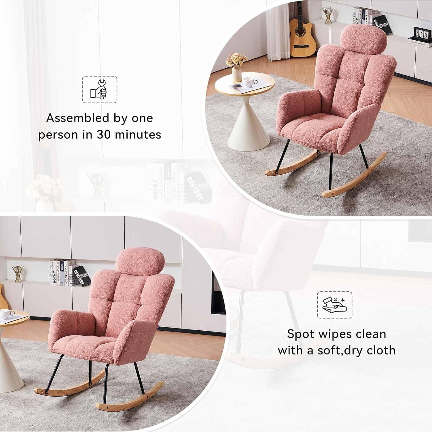 Nursery Rocking Chair - Teddy Fabric Upholstered Glider Rocking Chair with High Backrest & Pillow for Living Room & Bedroom - Easy Assembly Wood/Metal Base (Ivory)