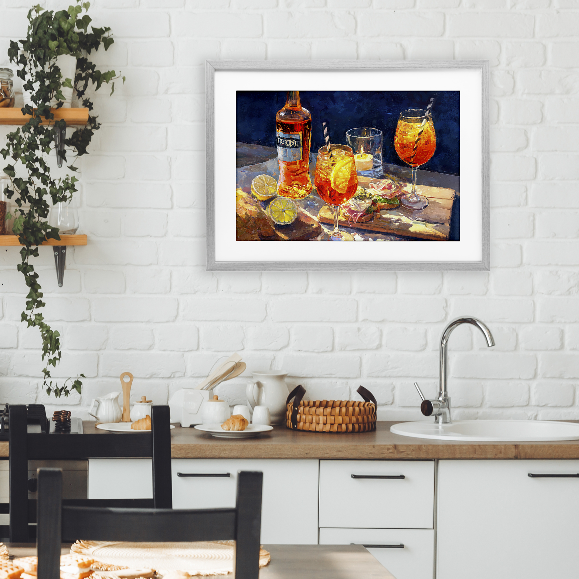 Sprits Table Still Life Gray Framed Print Under Glass, design by Ziwei Li