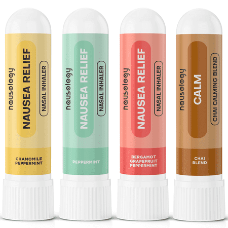 Migraine Nausea Relief Aromatherapy Inhaler by Nausology 4-Pack (Peppermint, Chamomile Peppermint, Bergamot Grapefruit Peppermint, Chai Calming Blend)