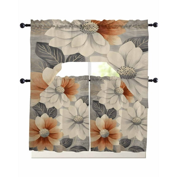 Burnt Orange Grey Kitchen Curtains Sets 24 Inch Length with Valance, Vintage Spring Floral Botanical Swag Valances and Tiers Curtain Set Drapes Swag Curtains for Living Room, Bathroom, Bedroom, Cafe