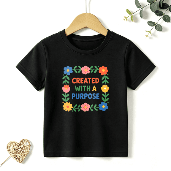 Girls Graphic Tees Created With Purpose Kids T Shirt Flower Cute 100% Cotton Short Sleeve Soft Tops 4-13Y