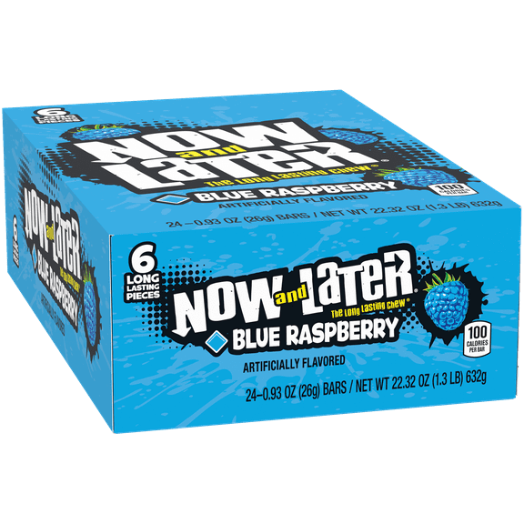Now and Later, Original Blue Raspberry Taffy Chews Candy, 0.93oz (Box of 24).