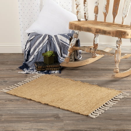 Tassel Accent (Natural Tan Farmhouse Flooring Veranda Burlap Tan Cotton Knotted Tassels Textured Rectangle Accent)