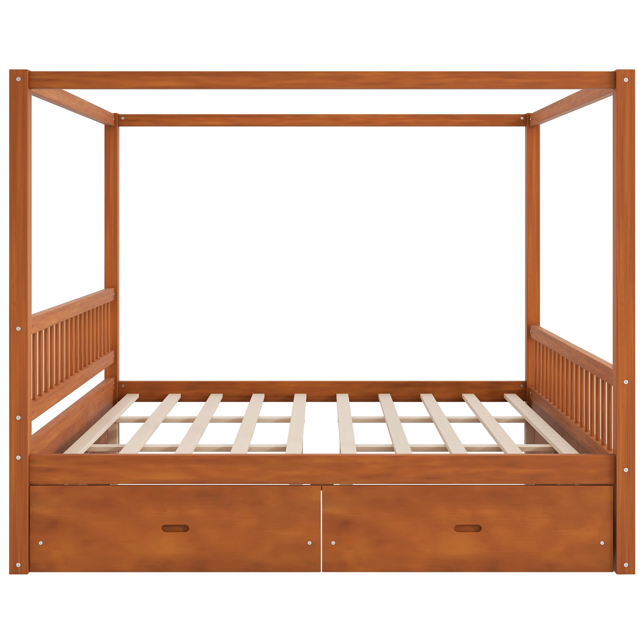 Noble House Stefan King Size Wooden Canopy Bed Frame with Storage Drawers, Farmhouse Decor Style, Walnut