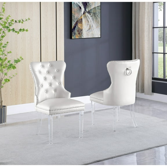 Best Quality Furniture Button Tufted Nailhead Wingback Chairs Acrylic-Set of 2 White Faux Leather