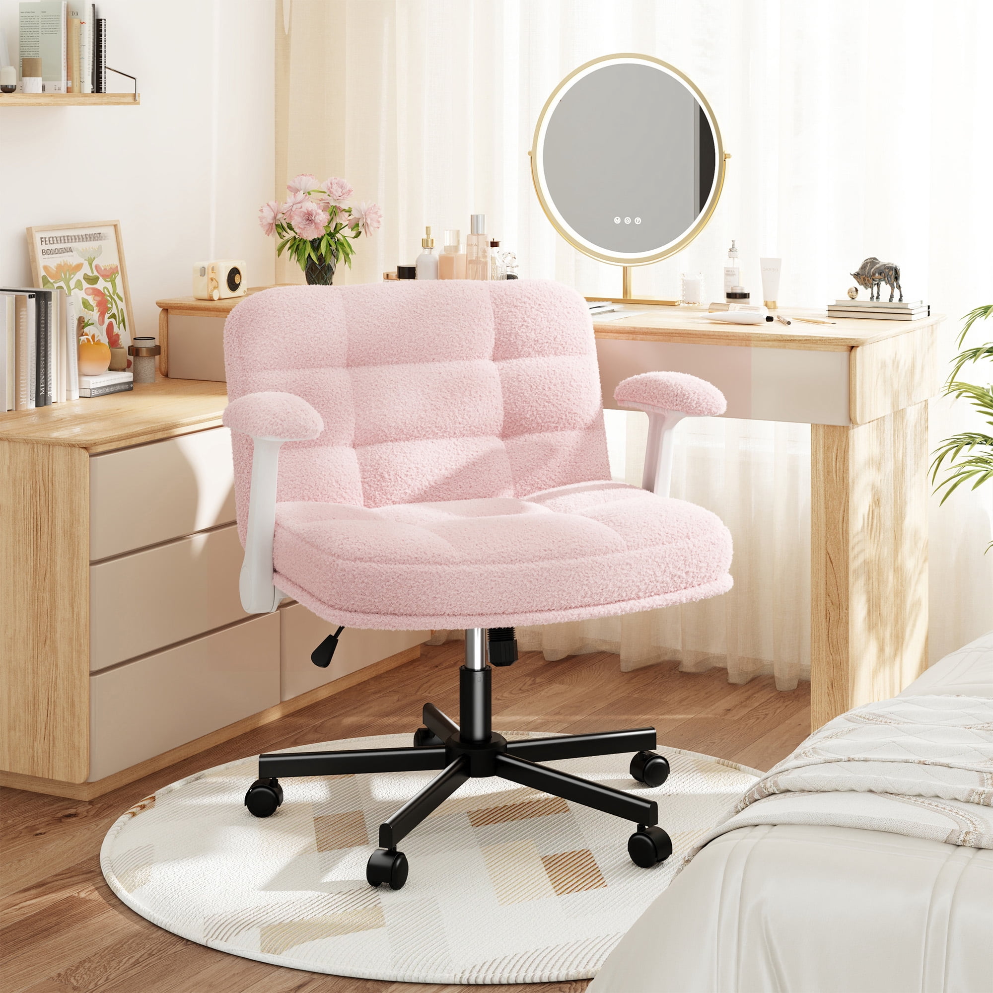 Romorgniz Criss Cross Chair with Flip-up Arms & Wheels Desk Chair with Adjustable Height & Teddy Plush Fabric for Bedroom, Home Office Desk, Vanity, Light Pink