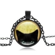 BuleStore Fashion Retro Punk Glass Round Black Cool Cat Necklace Ladies Jewelry